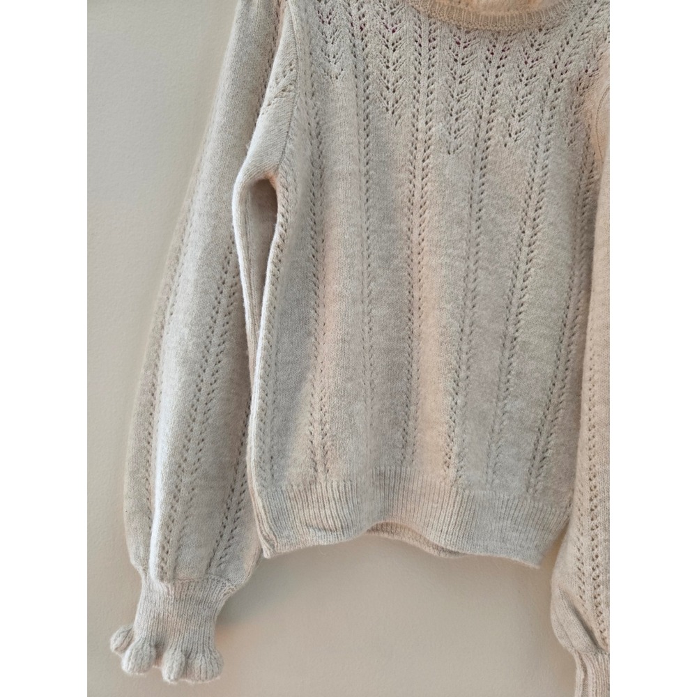 Next Kids Cream Pointelle Ruffle Neck Puff Sleeve Knit Sweater Size 7 Years - Picture 4 of 6